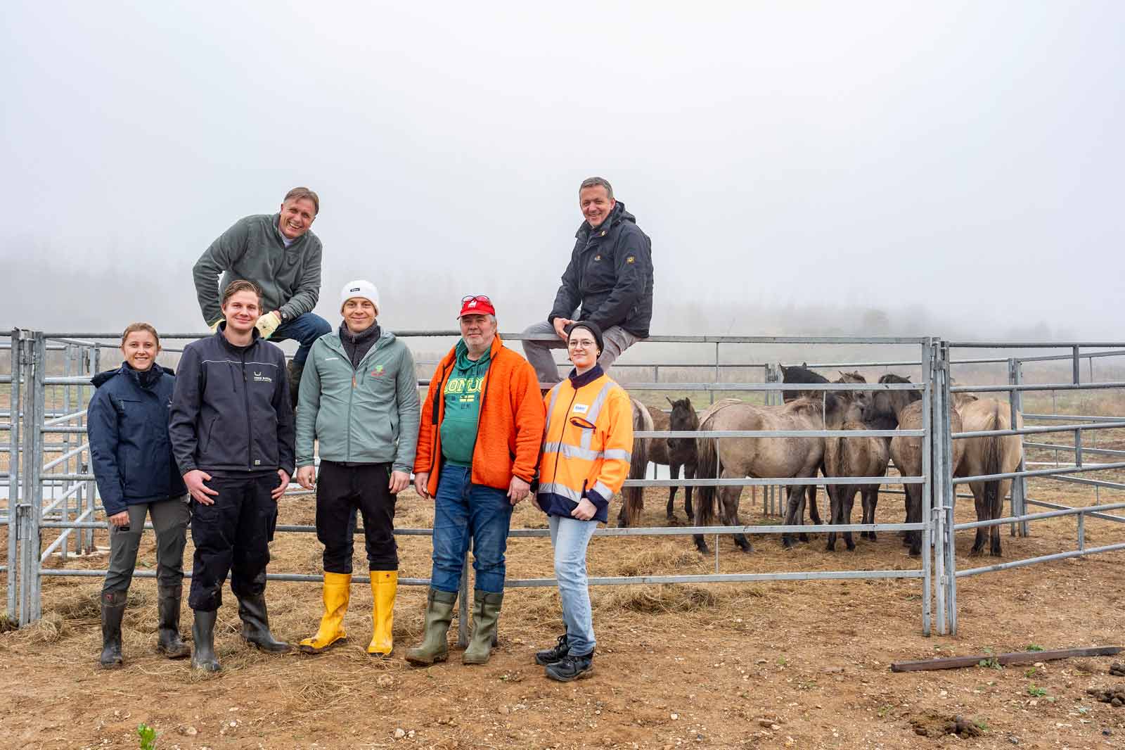 Gruppenfoto von sechs Personen auf einem Bauernhof, umgeben von Pferden und Nebel. Die Menschen tragen Arbeitskleidung.