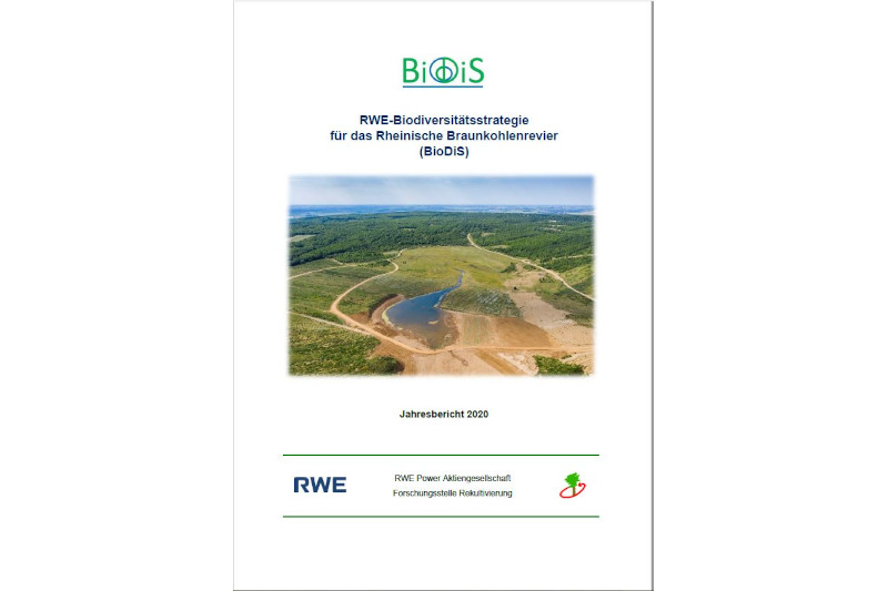 A report on RWE's biodiversity strategy featuring a landscape image and the title 'Jahresbericht 2020'.