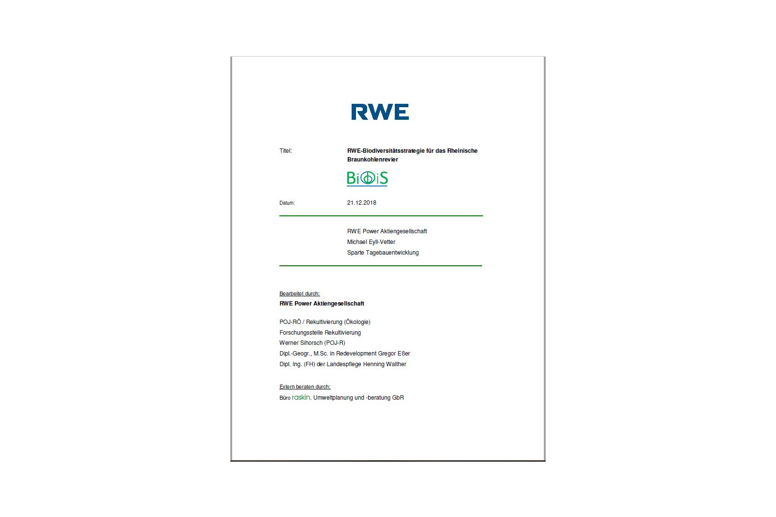 Ein Dokument mit dem Titel 'RWE-Biodiversitätsstrategie für das Rheinische Braunkohlenrevier', datiert am 21.12.2018.