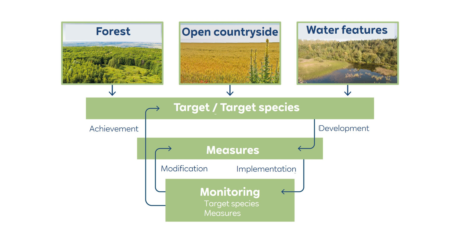 The image displays three areas: Forest, Open countryside, and Water features, with a flowchart on targets, measures, and monitoring.
