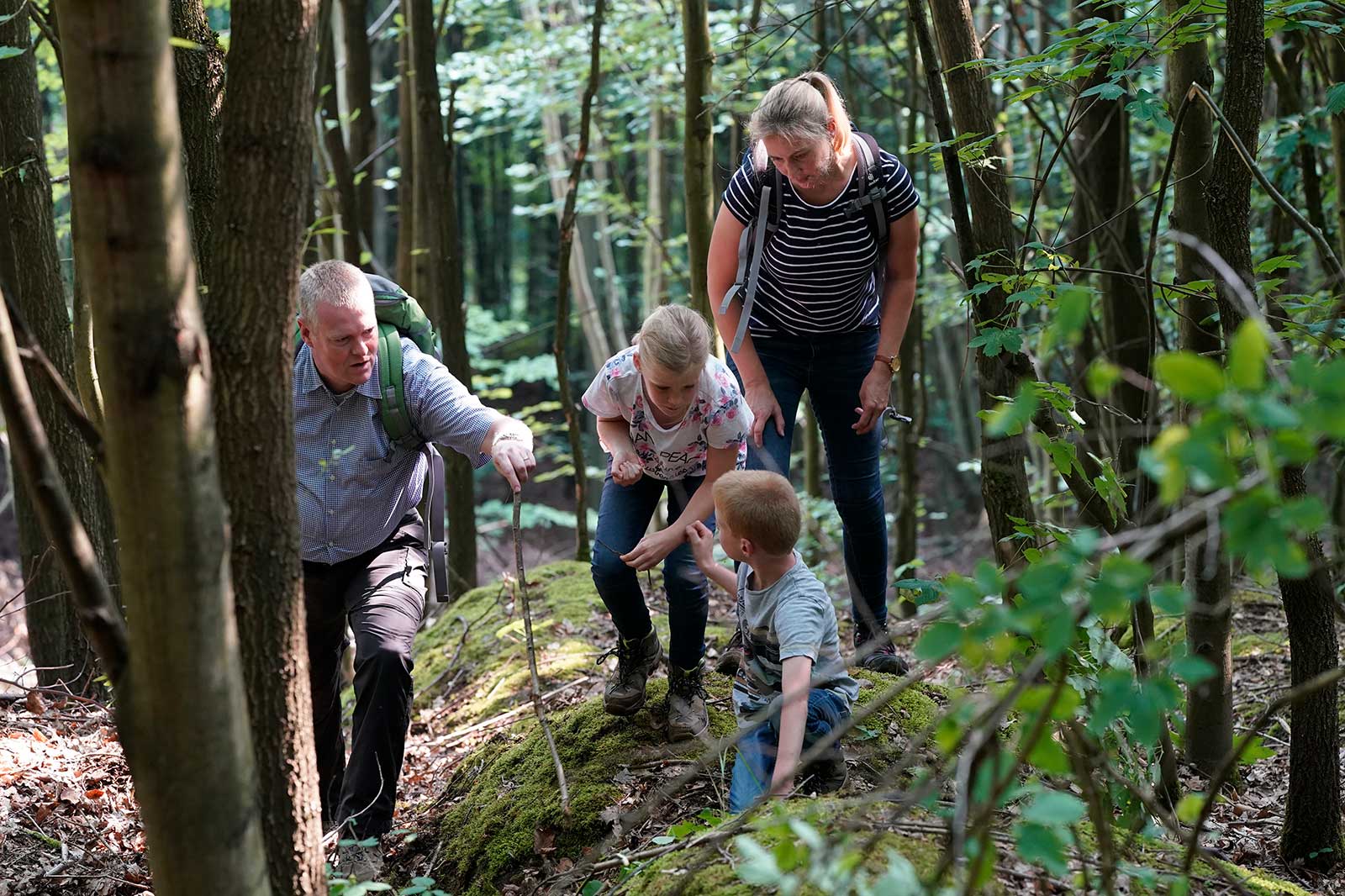 Eine Familie wandert gemeinsam in einem üppigen grünen Wald und unterstützt Kinder, während sie die natürliche Umgebung erkunden.