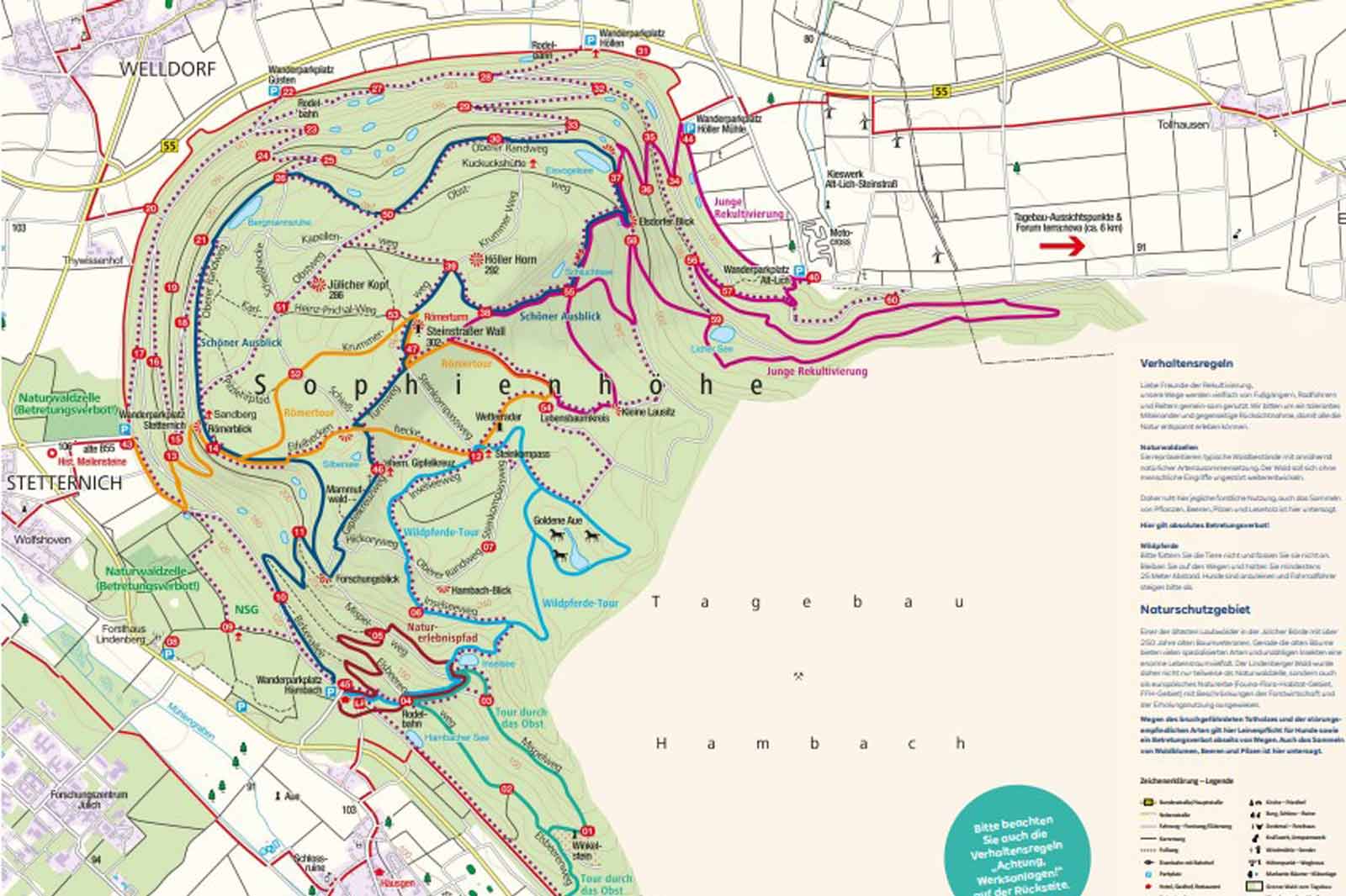 Eine Karte mit Wanderwegen und Naturerlebnisrouten um die Sophiehöhe. Markierungen in verschiedenen Farben sind sichtbar.