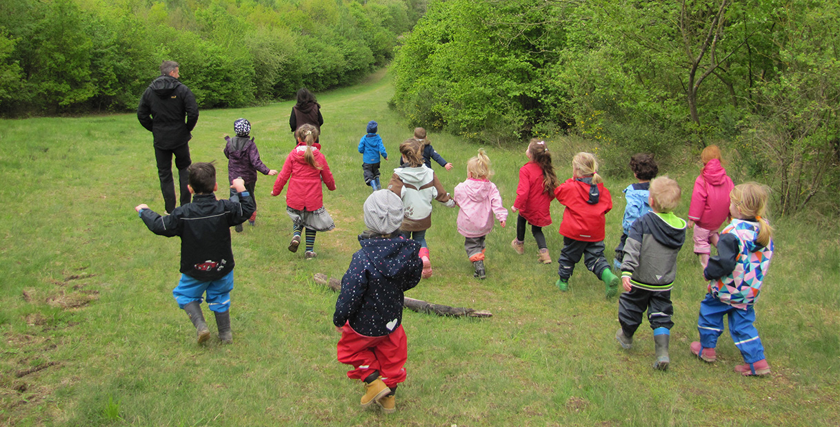 Eine Gruppe von Kindern in bunten Regenjacken, die einen grasbewachsenen Weg entlang rennen und auf einen bewaldeten Bereich zugehen.