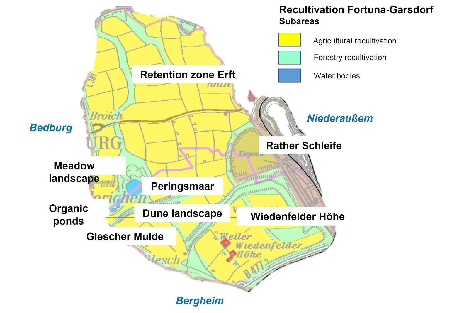 A coloured map of the Fortuna-Garsdorf recultivation area, showing marked subareas, including agricultural and water bodies.