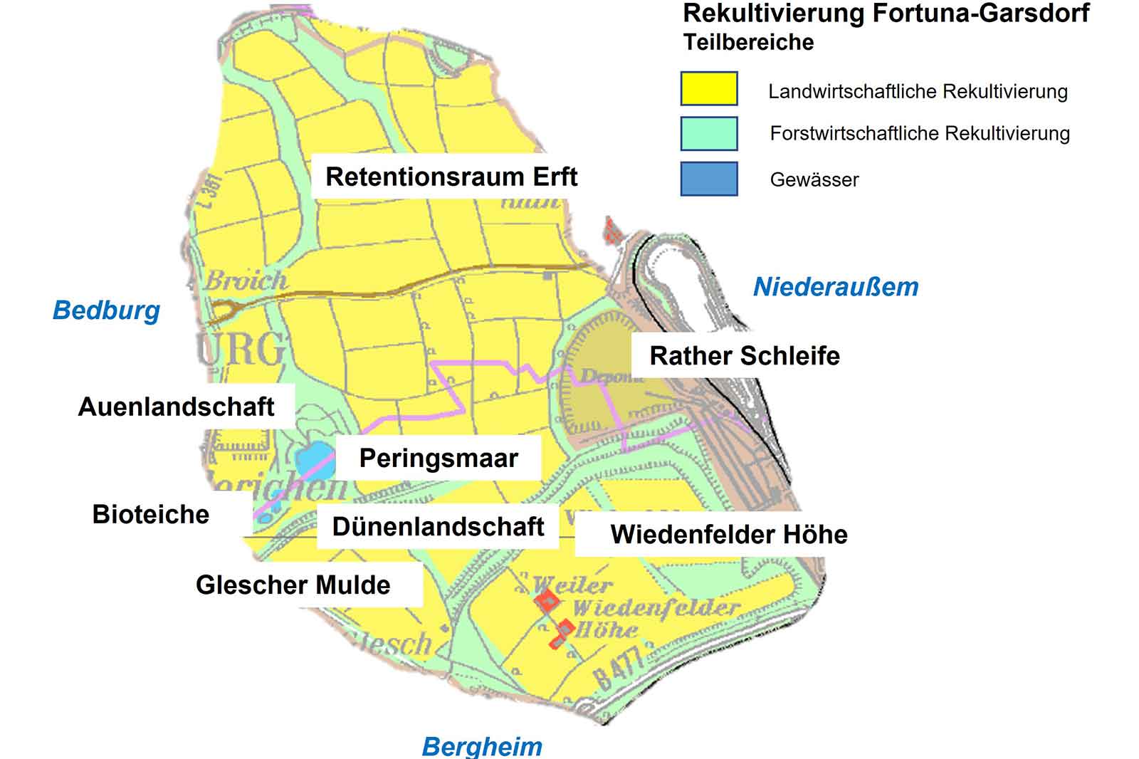 Eine Karte von Fortuna-Garsdorf, die Rekultivierungsbereiche mit Beschriftungen wie Retentionsraum Erft und Auenlandschaft zeigt.