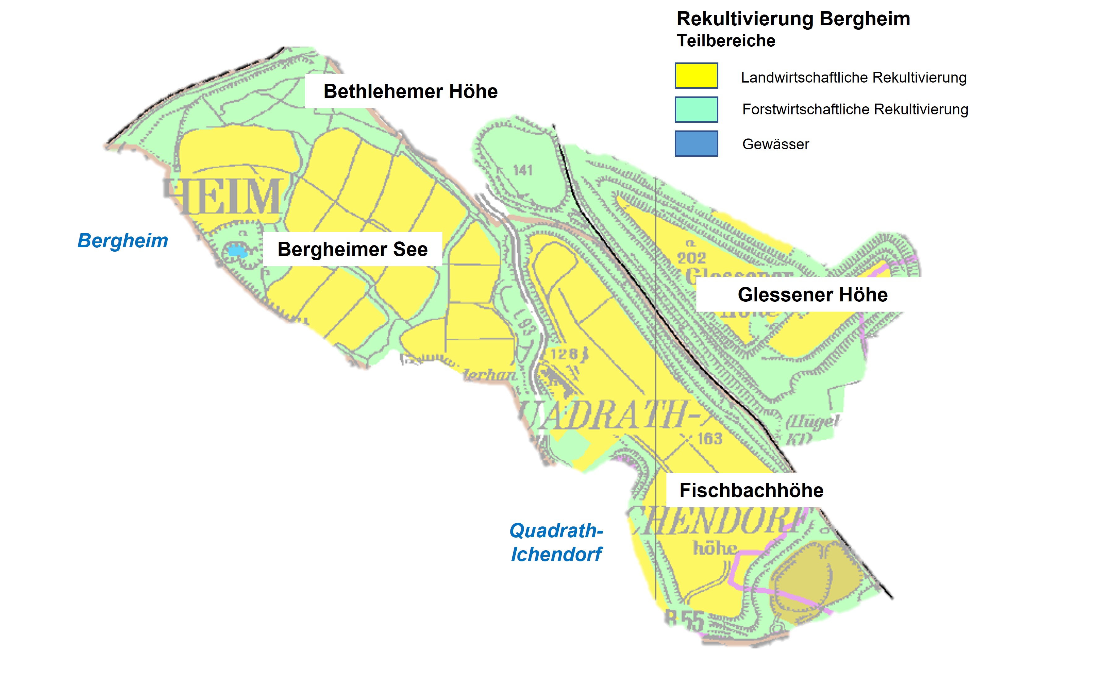 Eine detaillierte Karte von Bergheim, die Bereiche für landwirtschaftliche und forstwirtschaftliche Rekultivierung zeigt, mit beschrifteten Orten.