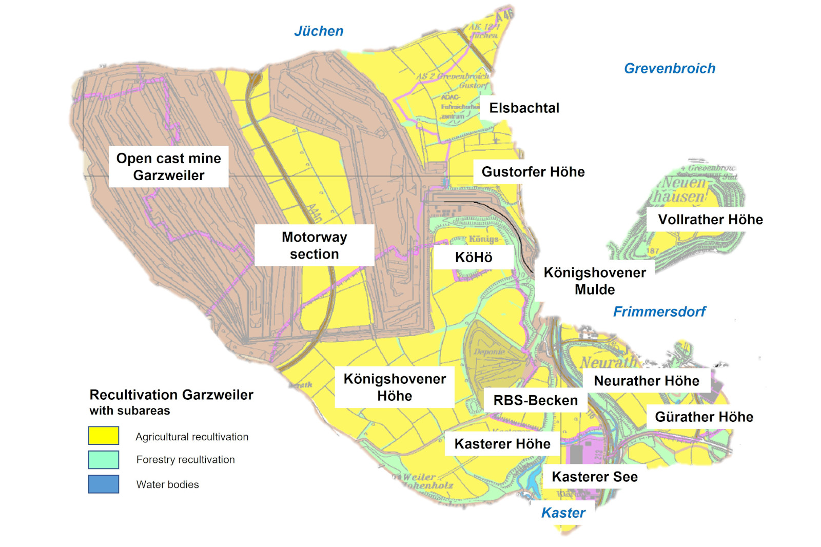 Map of Garzweiler recultivation showing different areas such as agricultural, forestry, and water bodies.