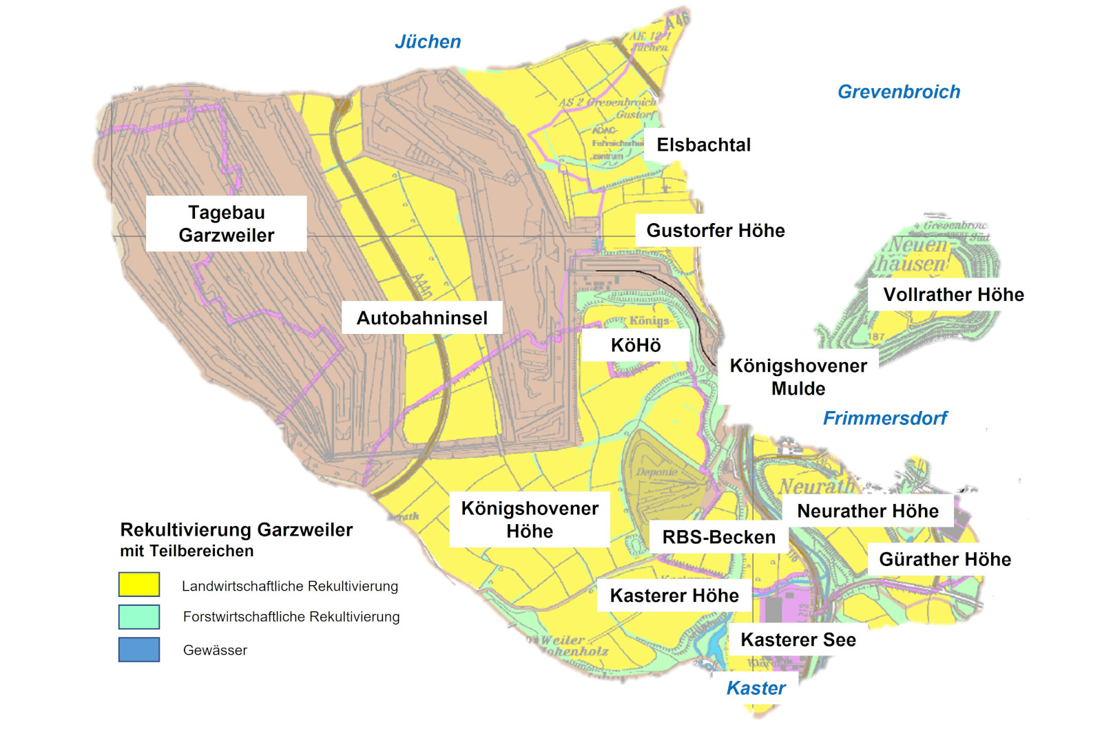 Eine detaillierte Karte von Garzweiler, einschließlich Standorte und Abschnitte der Rekultivierung sowie geografische Merkmale.