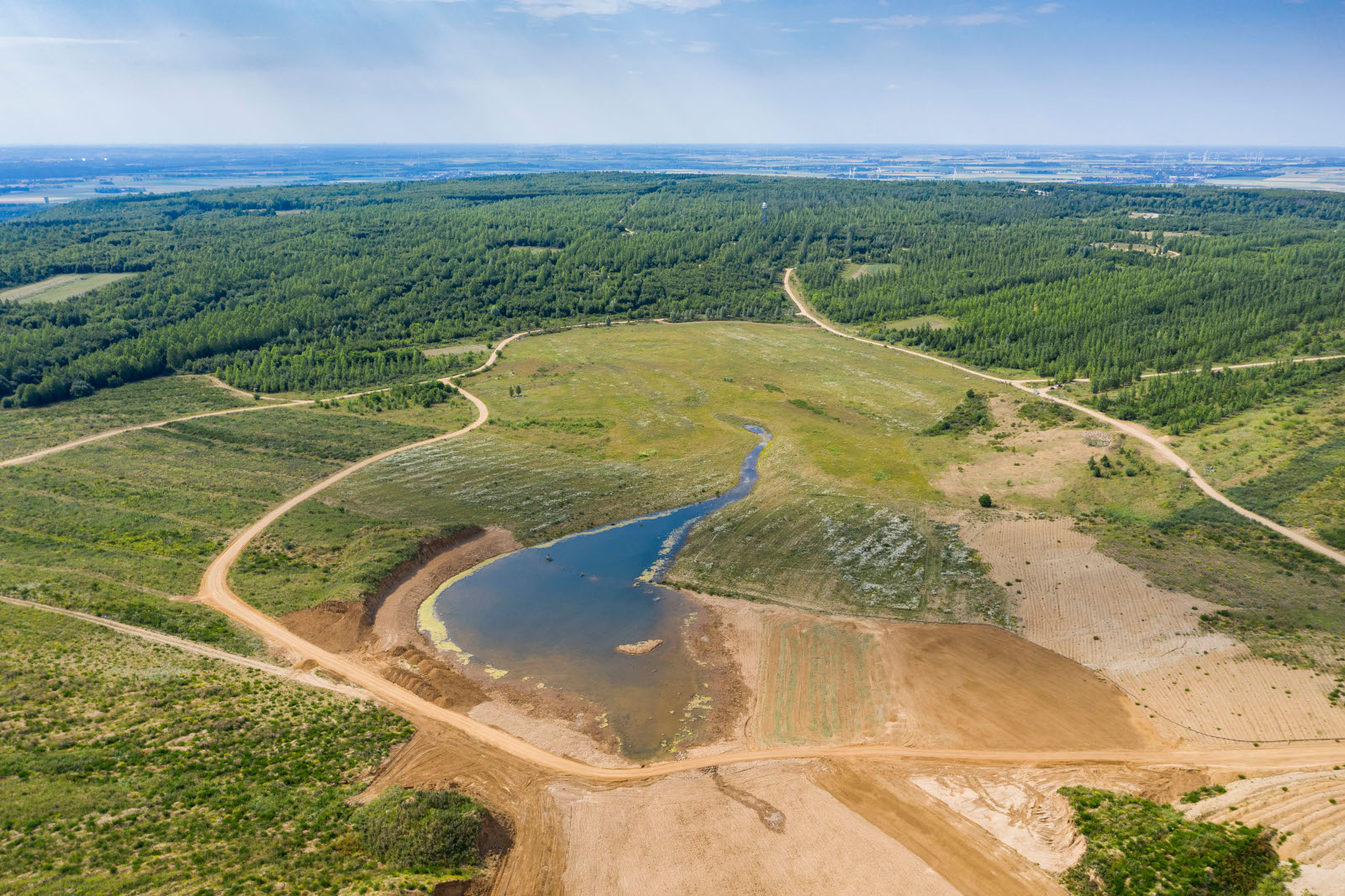 Luftaufnahme einer grünen Landschaft mit einem gewundenen Fluss und unbefestigten Wegen durch üppige Felder und Wälder unter klarem Himmel.
