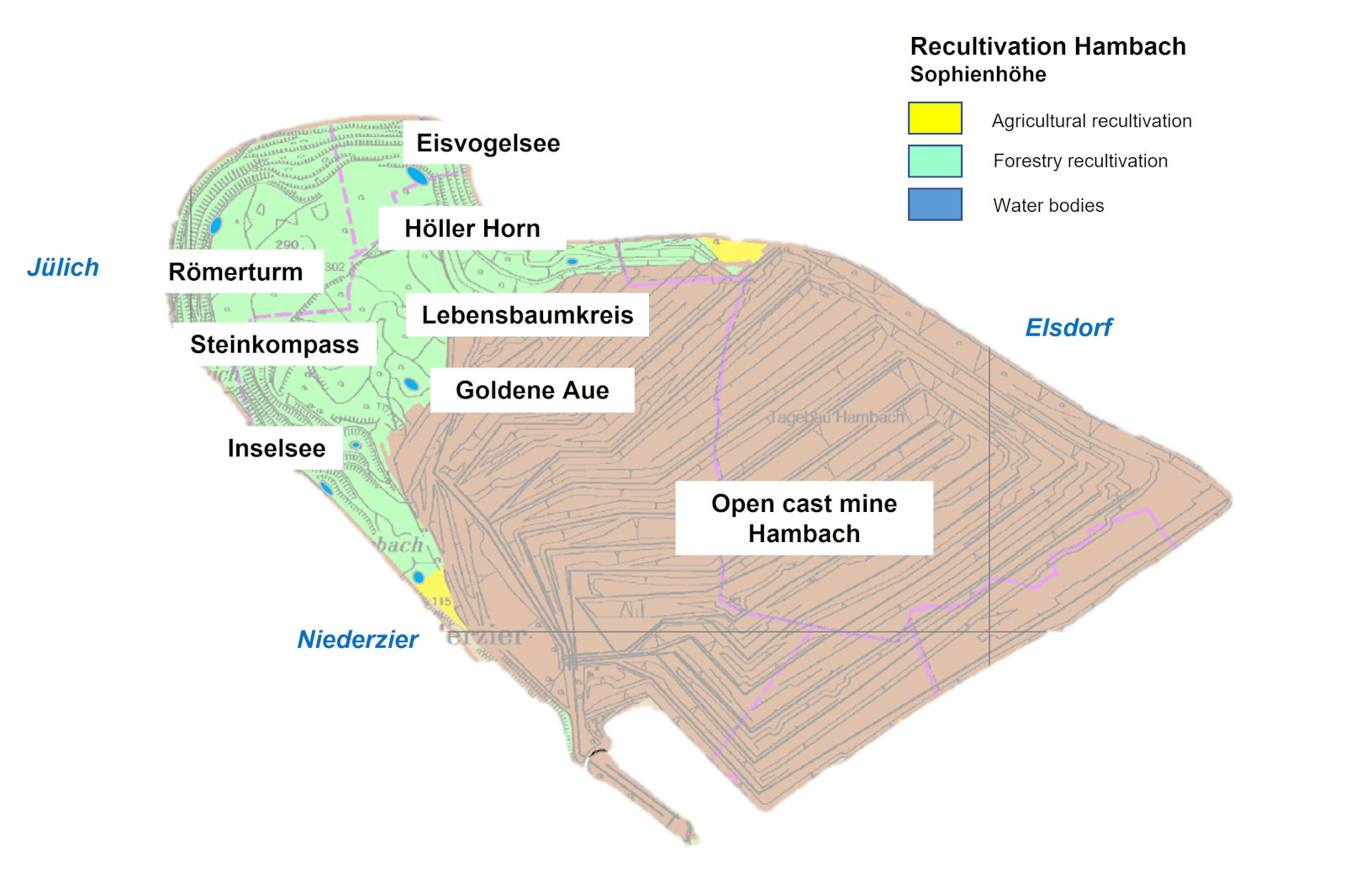A map displays the Recultivation Hambach, highlighting areas like Eisvogelsee and the Open cast mine Hambach.