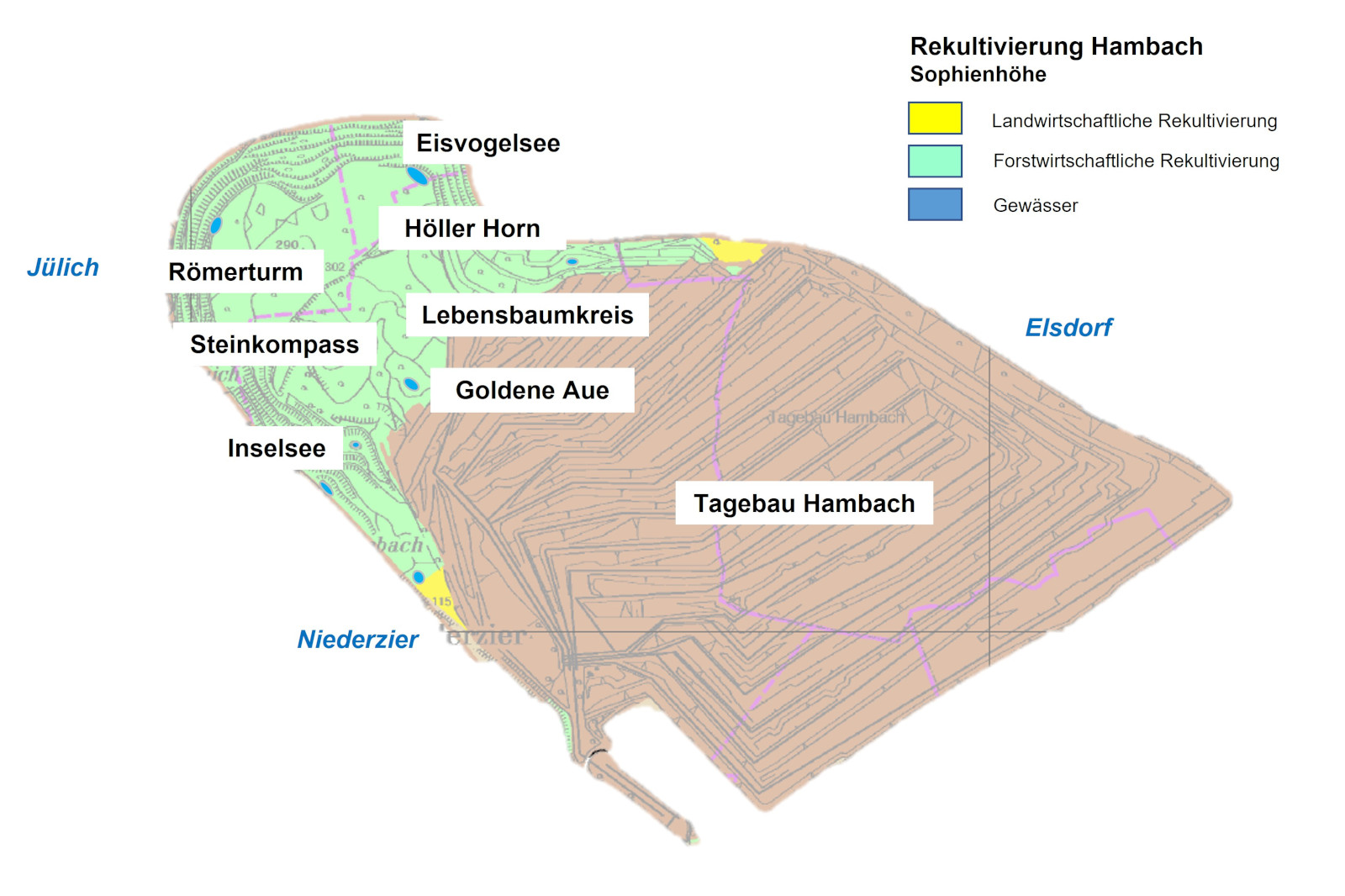 Eine Karte der Rekultivierung Hambach, die Bereiche wie Tagebau Hambach, Eisvogelsee und Lebensbaumkreis mit Beschriftungen zeigt.