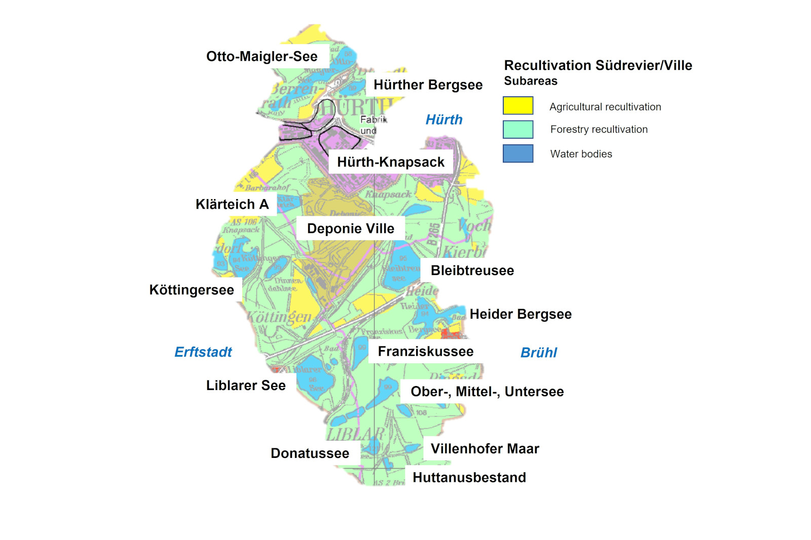A map of Recultivation Südrevier/Ville showing water bodies, agricultural recultivation, and forestry recultivation areas.