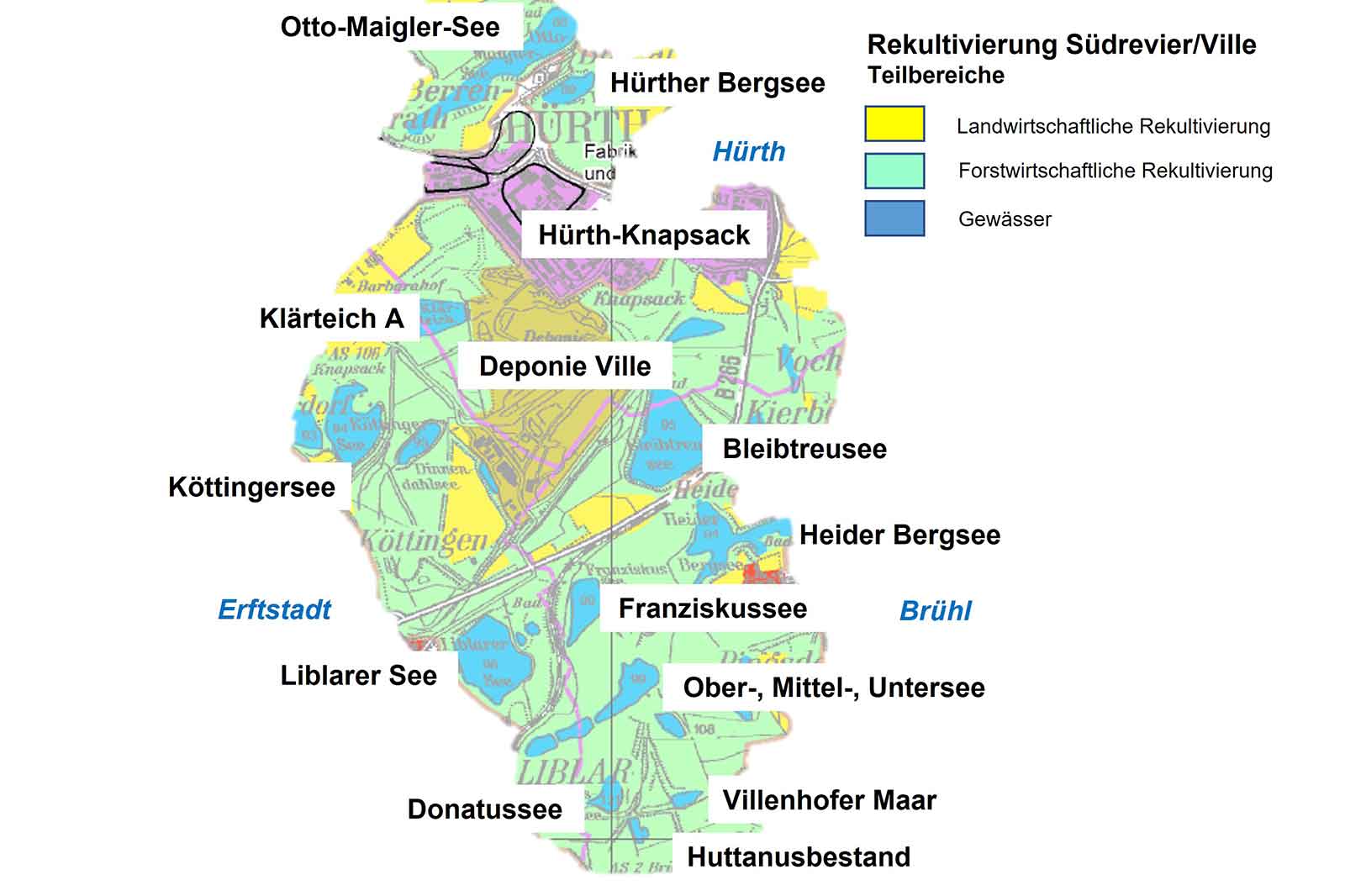 Eine detaillierte Karte, die verschiedene Seen und Gebiete in Hürth und der Umgebung zeigt, mit Beschriftungen in Deutsch.