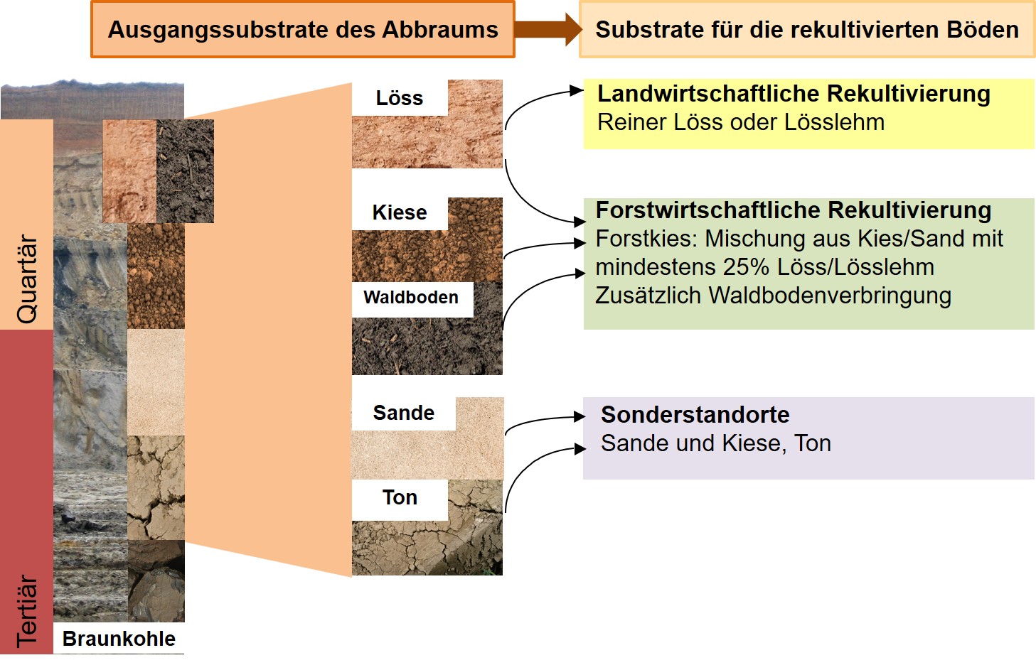 Ein Diagramm, das Substrate für rekultivierte Böden zeigt, einschließlich Löss, Sand und Kies mit Beschreibungen in deutscher Sprache.