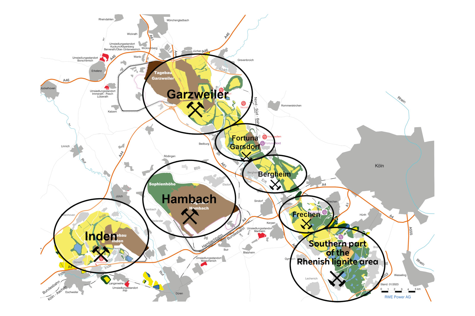 A map showing the open-cast mines Garzweiler, Hambach, Inden, and Frechen in the area surrounding Cologne.