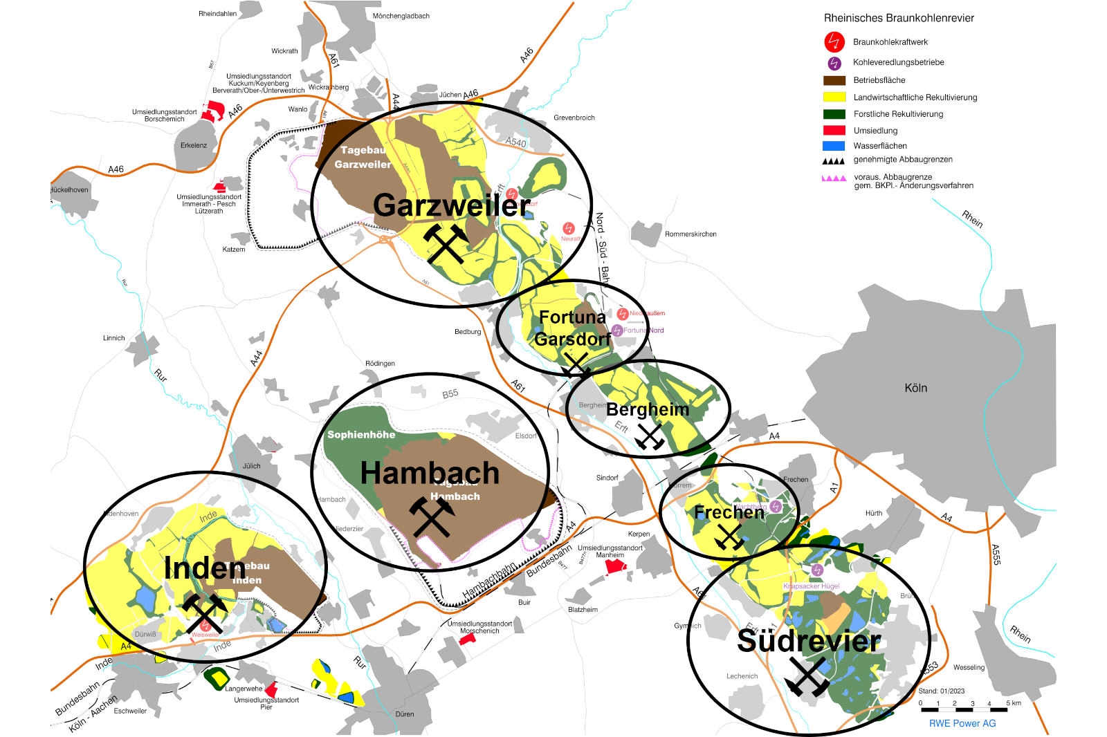 Karte des Rheinischen Braunkohlereviers mit Bergbaugebieten wie Garzweiler und Hambach hervorgehoben.