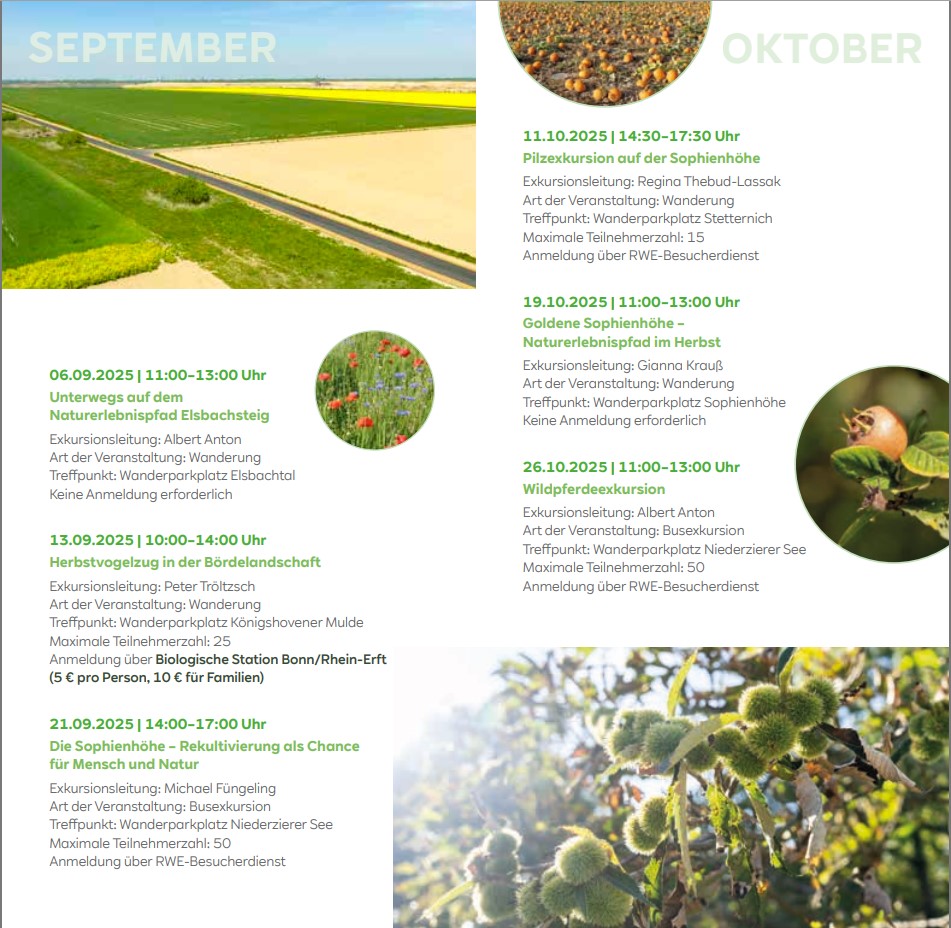 Ein detaillierter Zeitplan für Exkursionen im September und Oktober 2024, mit Naturerlebnissen, Daten und Kontaktinformationen.