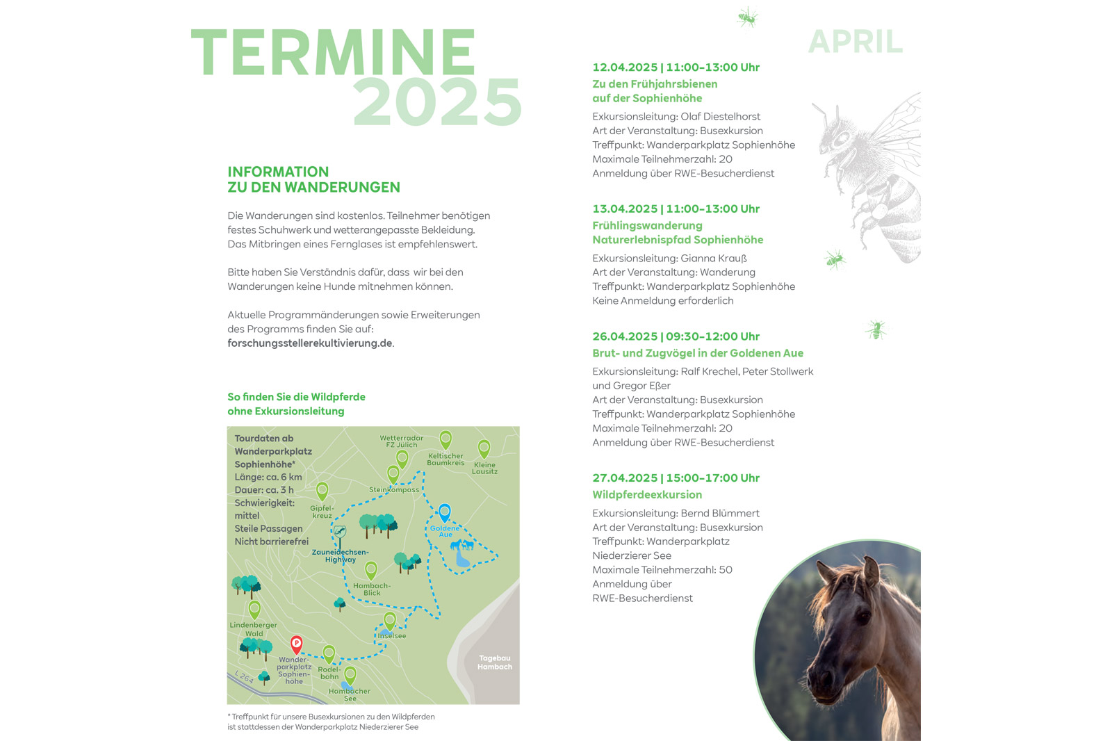 Ein Zeitplan für Wanderungen 2025 mit Details zu Terminen, Leitern und Anmeldeinformationen. Der Text enthält wichtige Hinweise.
